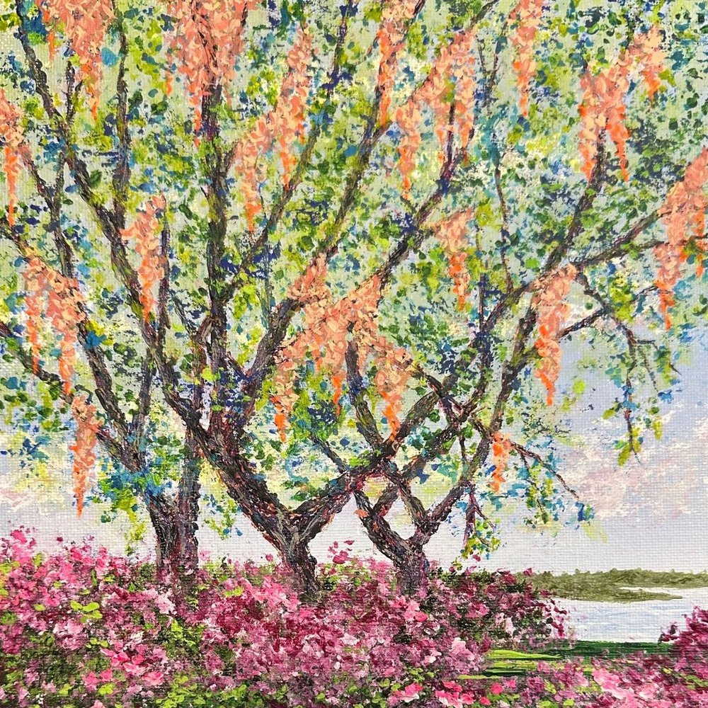 Mossy Oaks - Acrylic Nature Landscape Painting by Deb Bossert Artworks, 8 x 8